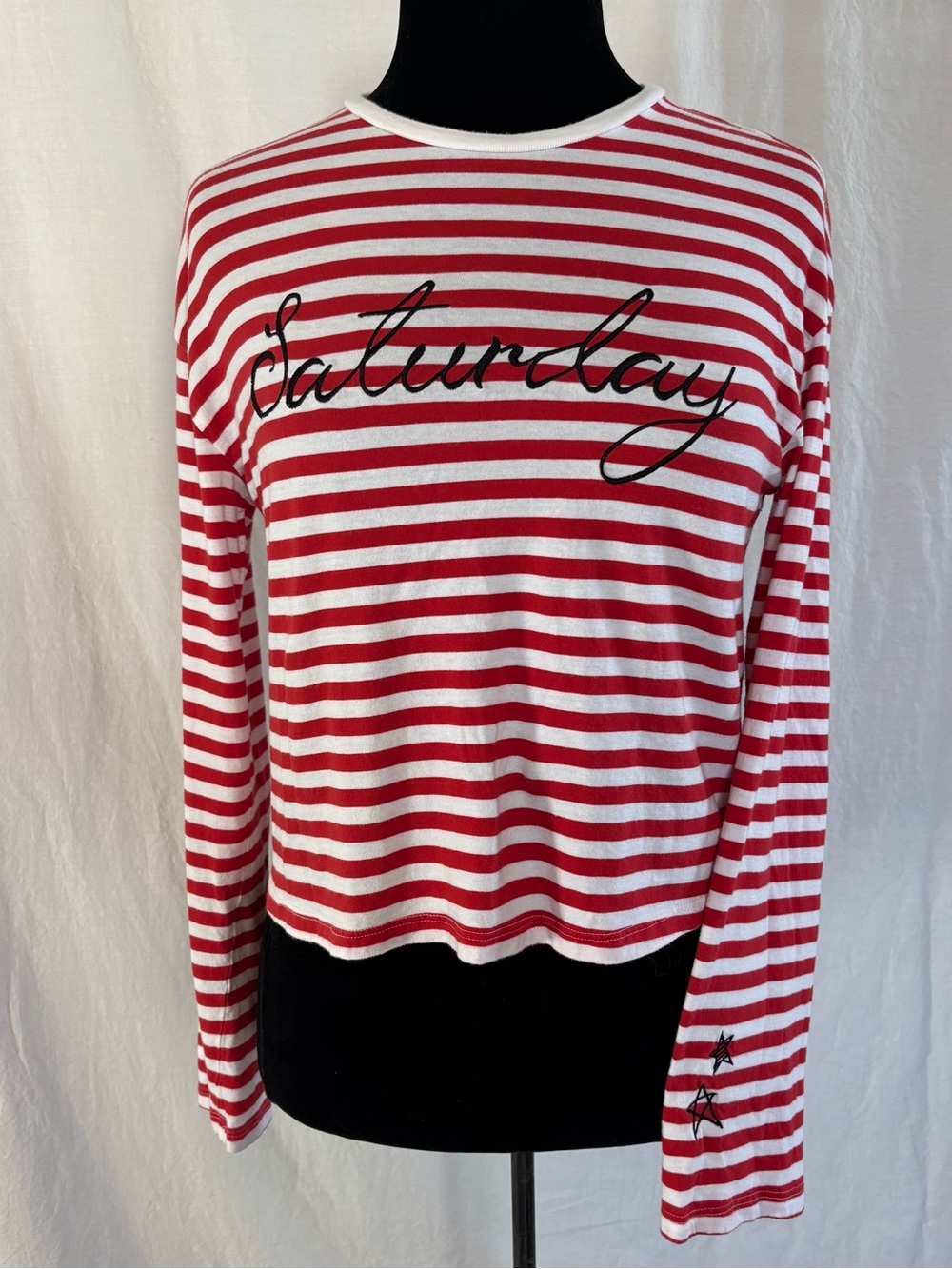 H&M Red White Stripe Saturday Parisian Chic French Girl Nautical Long Sleeve Tee - Picture 2 of 12